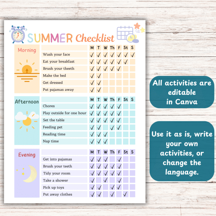 Editable Summer Checklist for Kids ? Morning, Afternoon & Evening Routine | A4 & US Letter PDF - Image 4