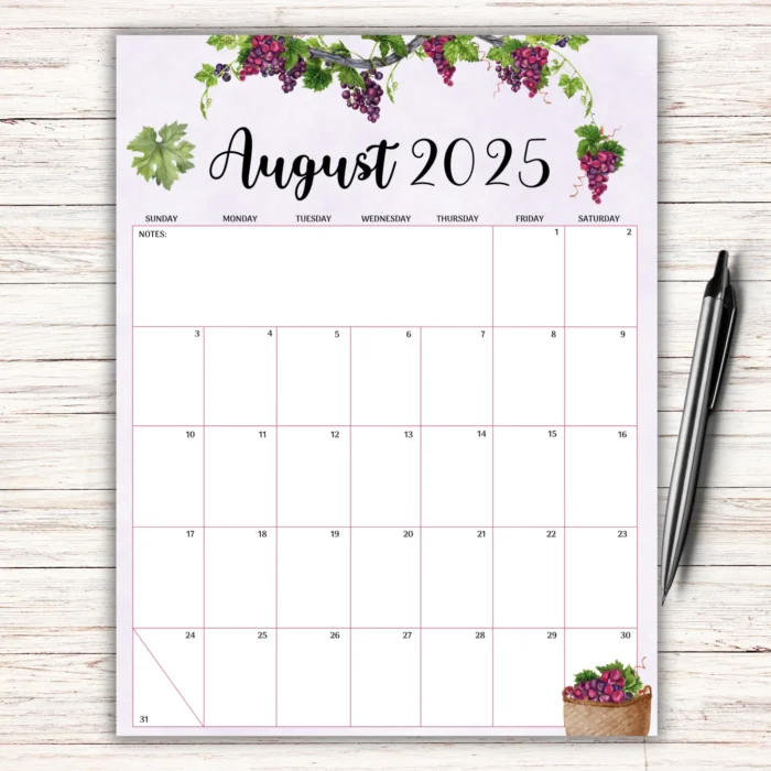 Grape Theme August 2025 Calendar printable with watercolor vines