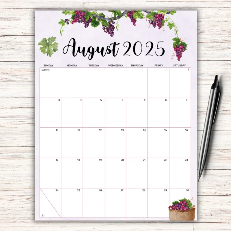 Grape Theme August 2025 Calendar printable with watercolor vines