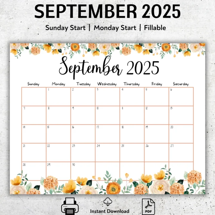 Editable September 2025 Calendar Floral