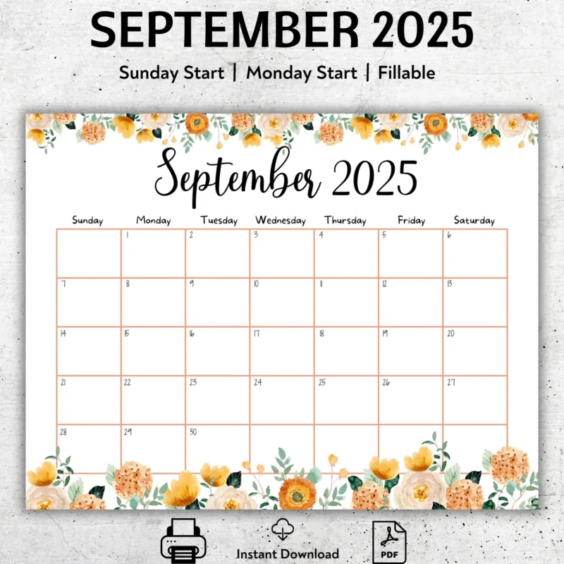Editable September 2025 Calendar Floral