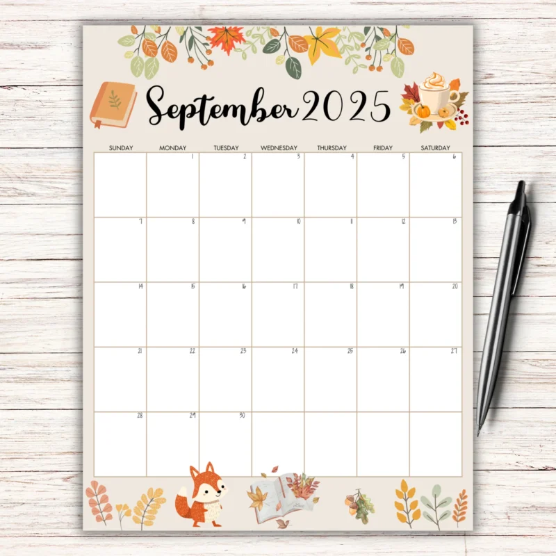 Academic Calendar 2025 September with fall illustrations and fox design â€“ printable and fillable format