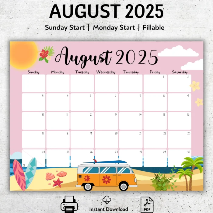 Beach Theme August 2025 Calendar ? Printable & Fillable PDF