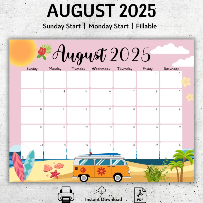 Beach Theme August 2025 Calendar ? Printable & Fillable PDF