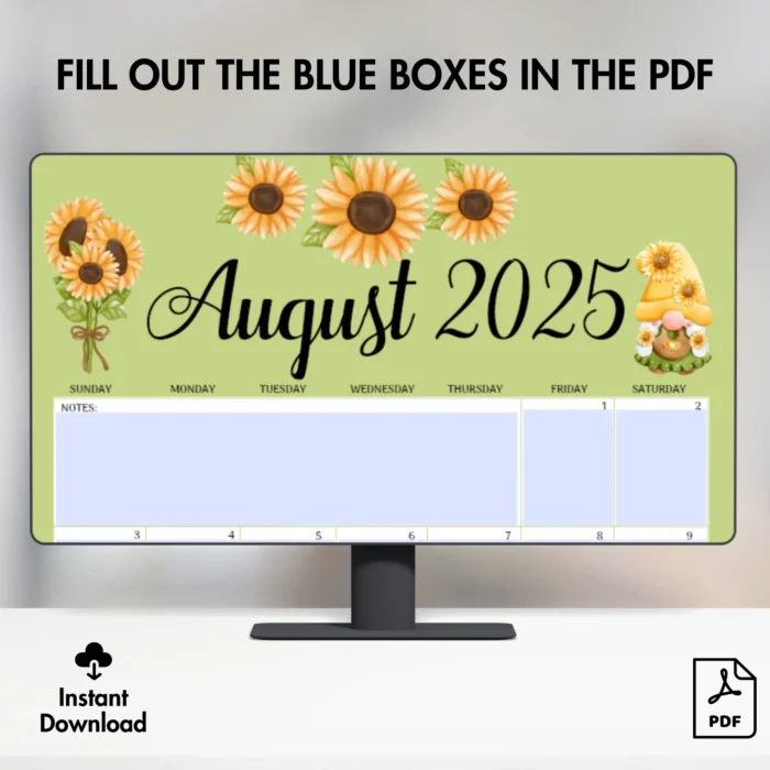 Sunflower-themed August 2025 calendar on digital tablet â€“ fillable PDF format with printable option