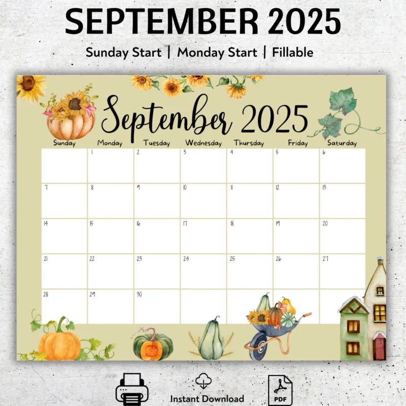 Pumpkins Theme September 2025 Calendar â€“ Editable & Printable Fall PDF in US Letter size with Sunday and MondayÂ startÂ versions.