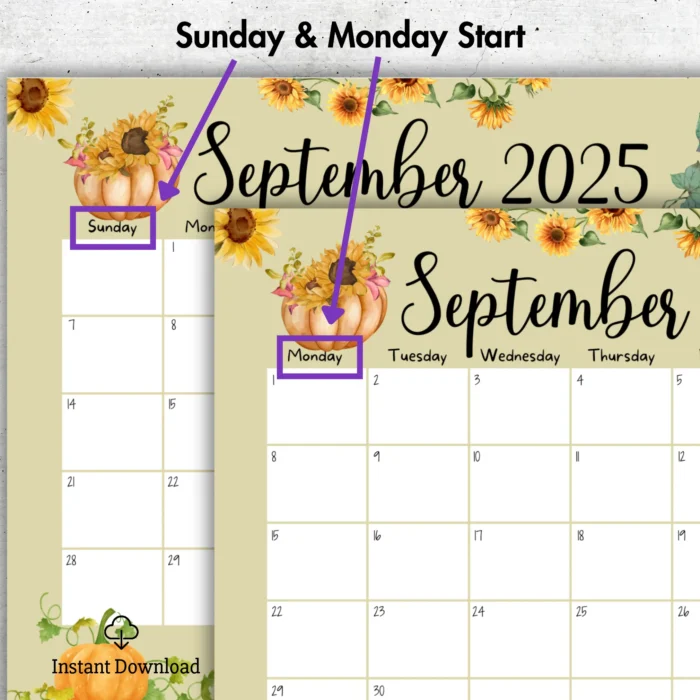 Pumpkins Theme September 2025 Calendar â€“ Editable & Printable Fall PDF in US Letter size with Sunday and MondayÂ startÂ versions.Pumpkins Theme September 2025 Calendar â€“ Editable & Printable Fall PDF in US Letter size with Sunday and MondayÂ startÂ versions.