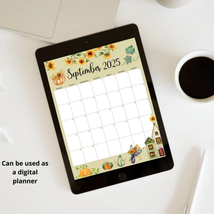Fillable September 2025 calendar displayed on a tablet, usable as aÂ digitalÂ planner