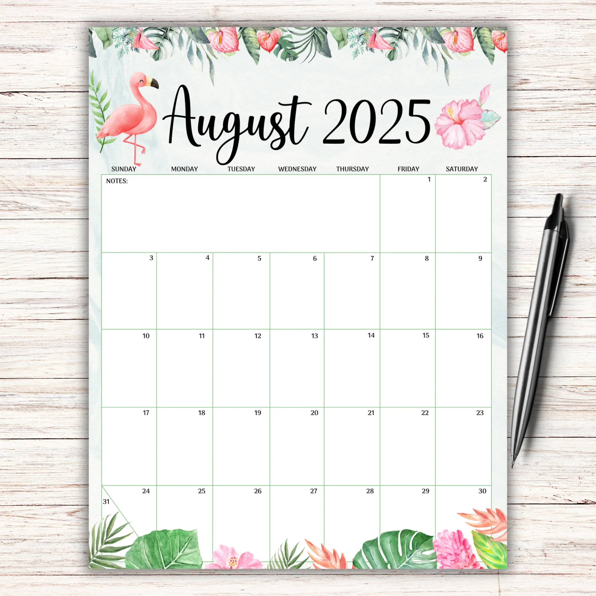 Tropical August 2025 Calendar with flamingo and flowers
