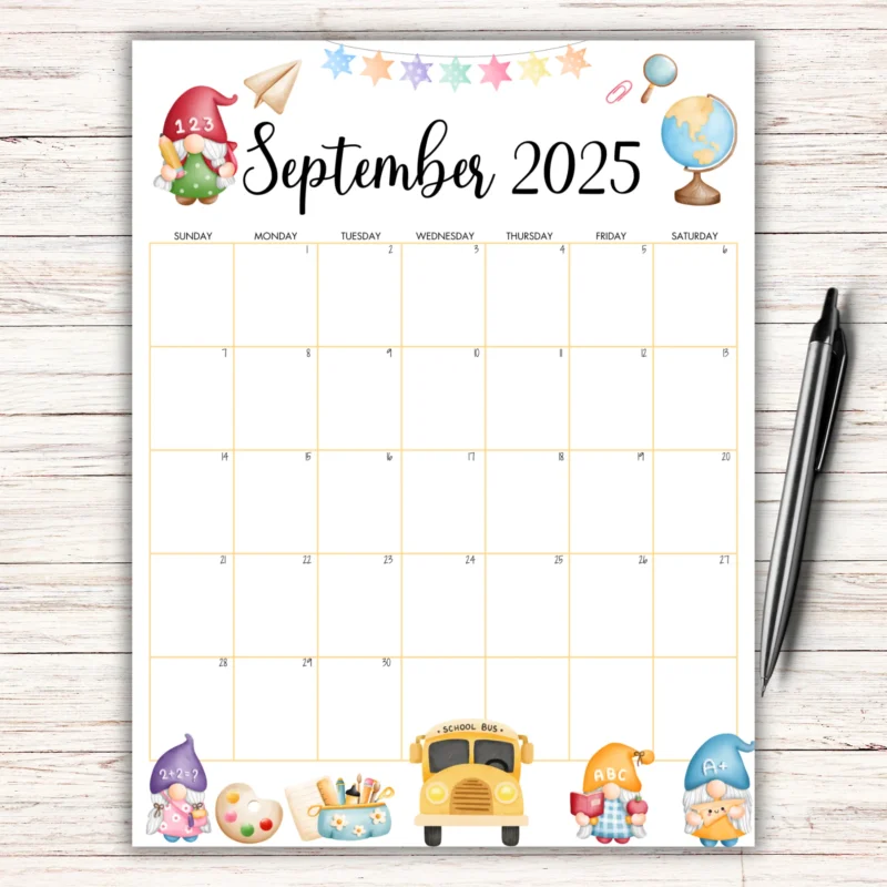 September 2025 Back to School Calendar with school gnome theme and US Letter layout