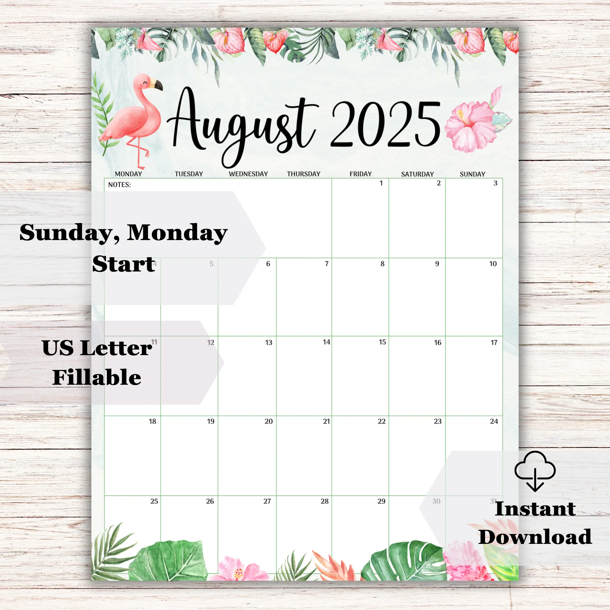 Fillable PDF August 2025 Calendar with Sunday and Monday start