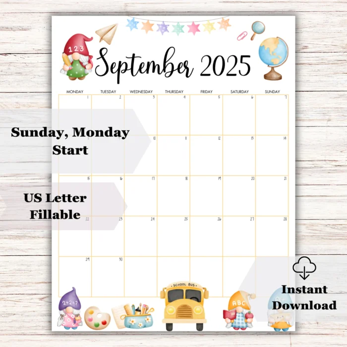 Editable September 2025 school calendar with Monday and Sunday start options and instant download badge