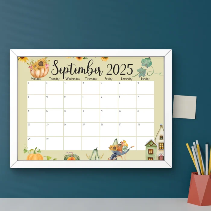 Pumpkins Theme September 2025 Calendar â€“ Editable & Printable Fall PDF in US Letter size with Sunday and MondayÂ startÂ versions.