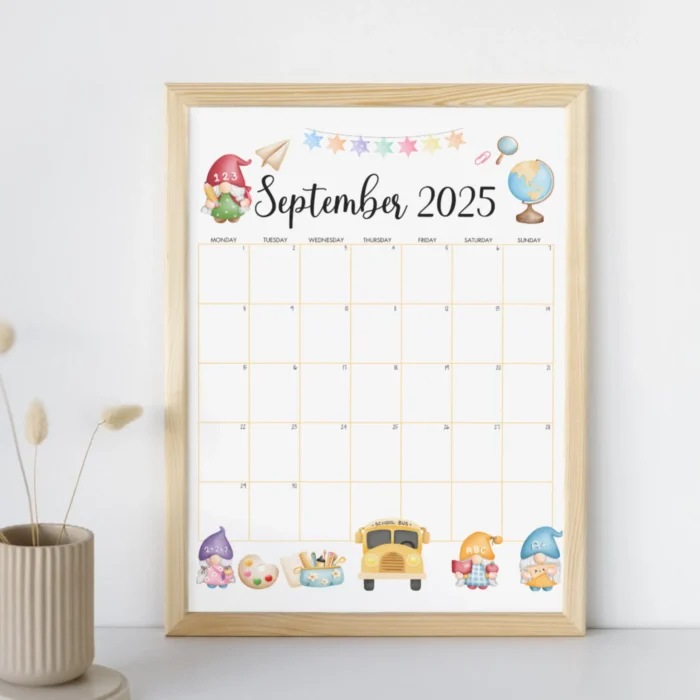Framed version of the September 2025 back to school calendar with colorful classroom elements