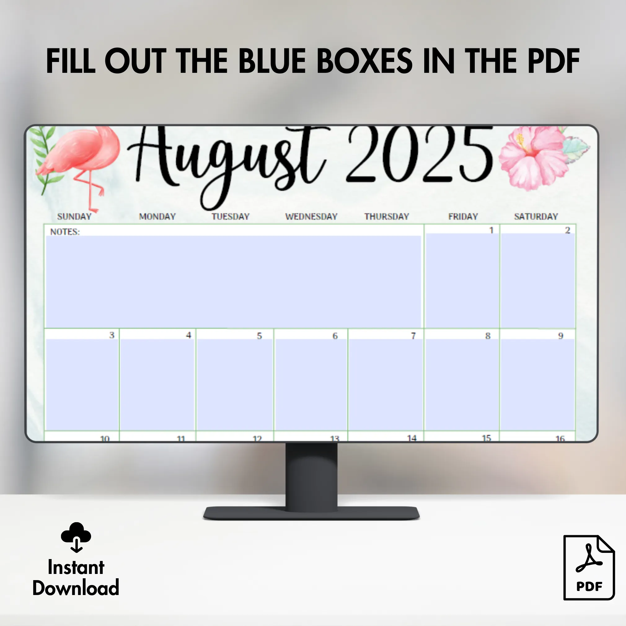 Fillable fields in blue – editable calendar August 2025