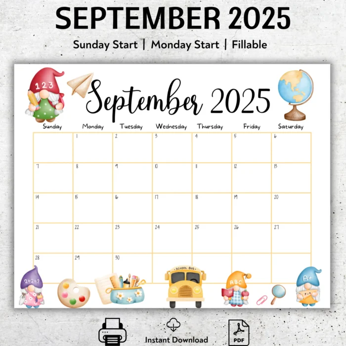 Editable September 2025 Calendar for School with cute gnome and school-themed illustrations, in printable and fillableÂ PDFÂ format.