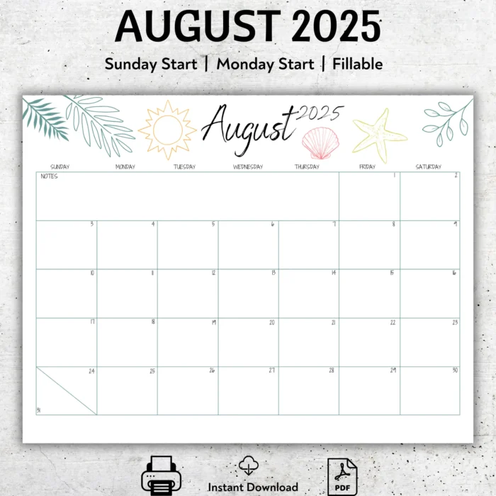 August 2025 Fillable Calendar â€“ Printable PDF with Sunday and Monday Start