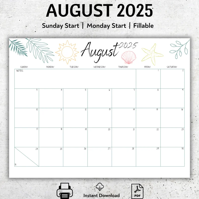August 2025 Fillable Calendar â€“ Printable PDF with Sunday and Monday Start