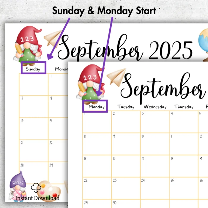 September 2025 editable calendar with cute gnome and school-themed illustrations, in printable and fillableÂ PDFÂ format.