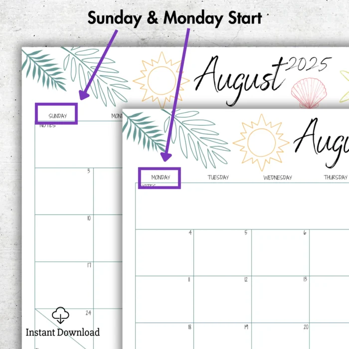 August 2025 Fillable Calendar â€“ Printable PDF with Sunday and Monday Start