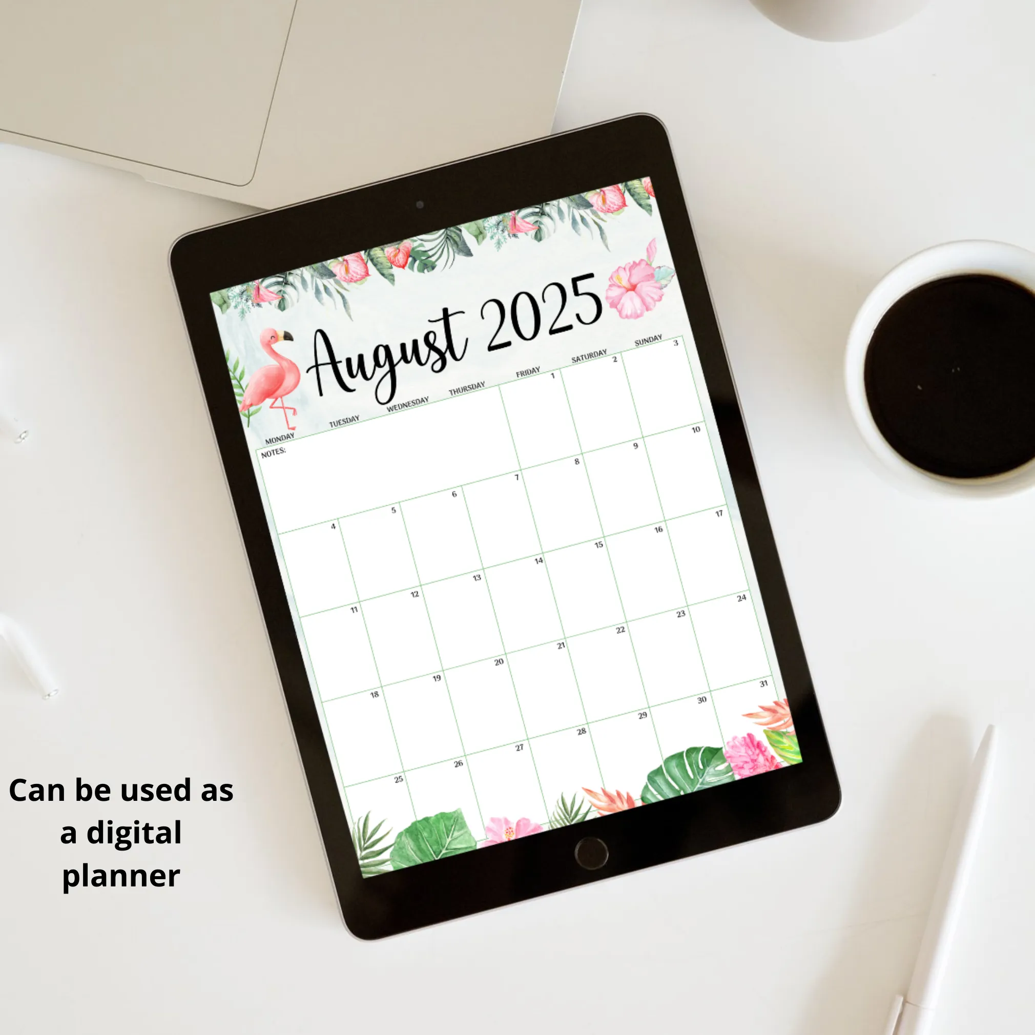 Tropical August 2025 Calendar on tablet – digital planner use