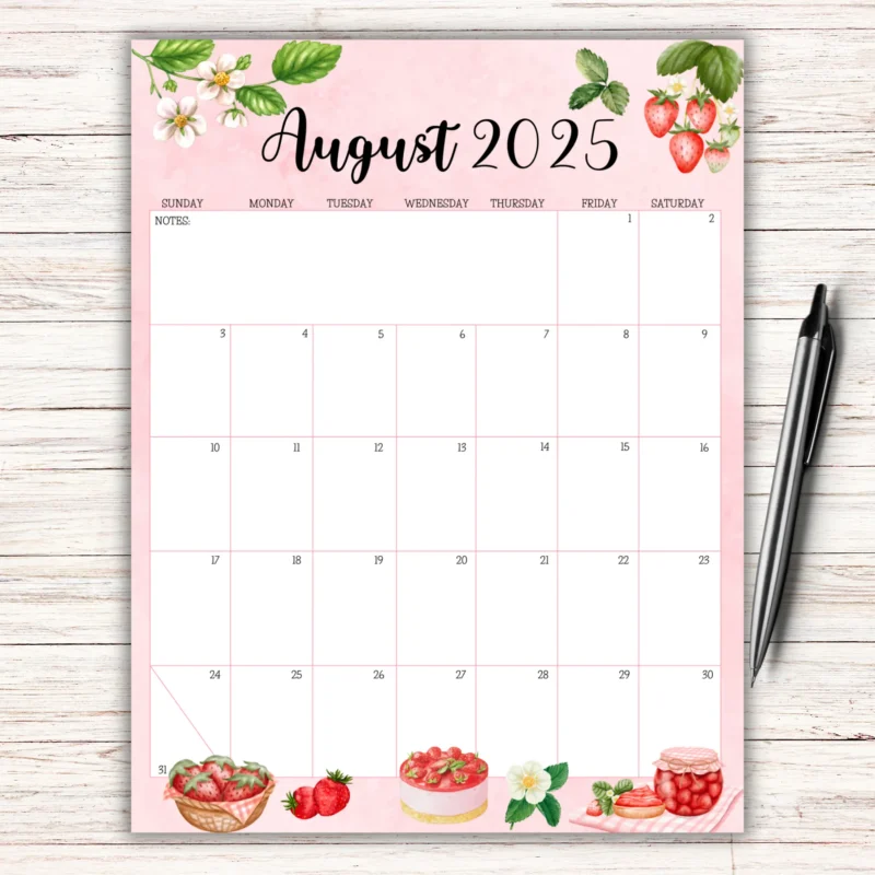 August 2025 Cute Strawberry Planner with pink strawberry theme and dessert illustrations