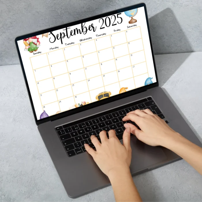 September 2025 editable calendar with cute gnome and school-themed illustrations, in printable and fillableÂ PDFÂ format.