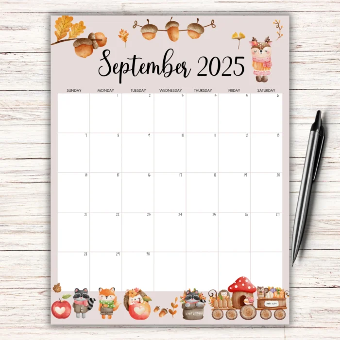 Woodland Animals September 2025 Calendar featuring woodland animals, acorns, and soft autumn colors