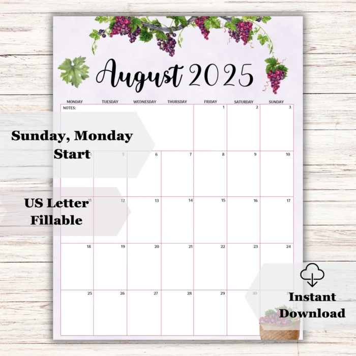 Grape Theme August 2025 Calendar ? Printable & Fillable PDF (US Letter) - Image 2