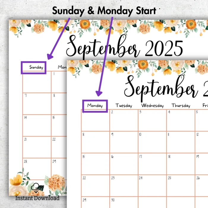 Monday Start Version â€“ Floral Editable Calendar for September
