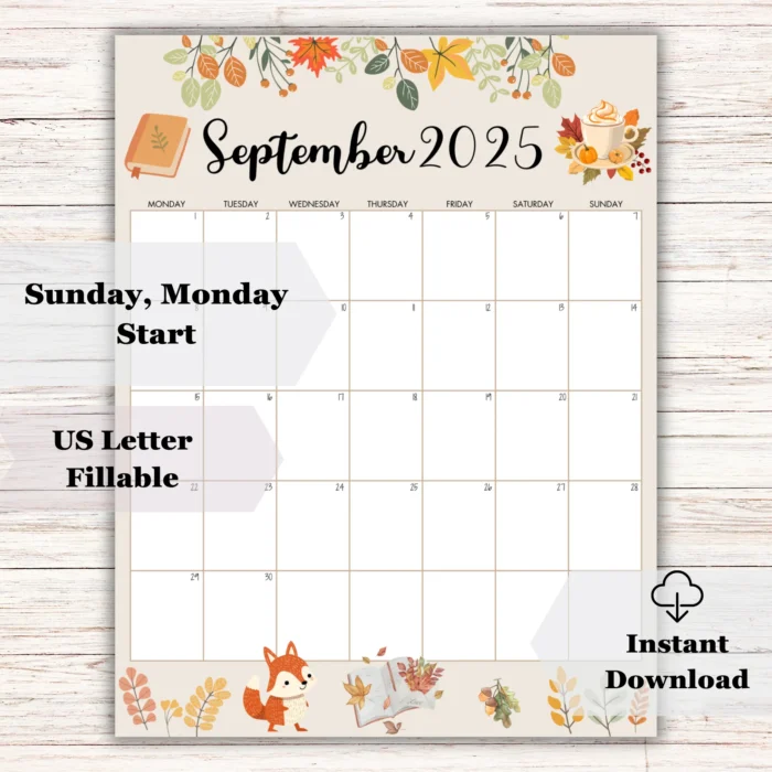 Fillable September 2025 monthly calendar in US Letter size â€“ autumn theme