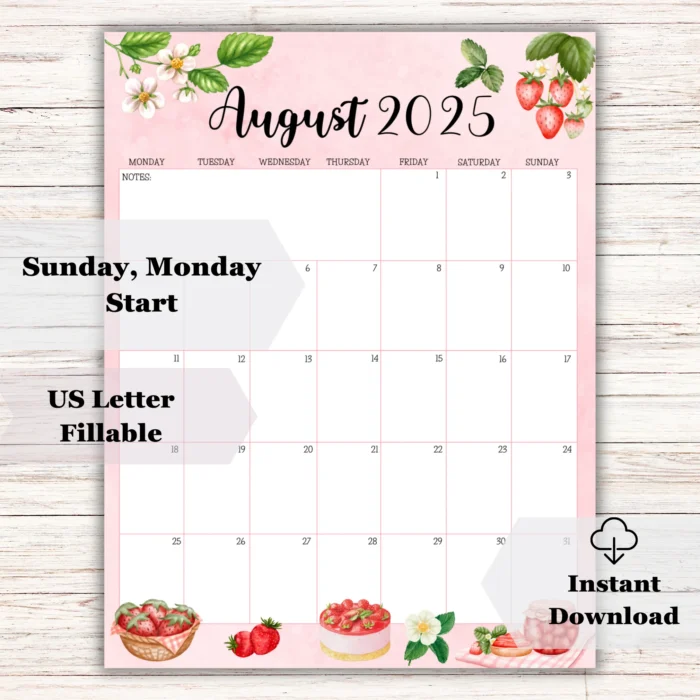 Fillable August 2025 calendar PDF with Sunday and Monday start option