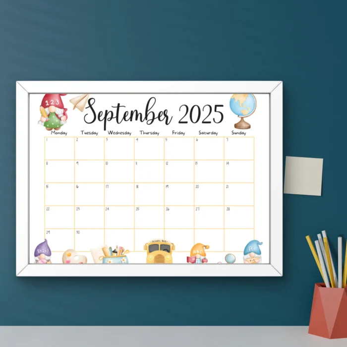 September 2025 editable calendar with cute gnome and school-themed illustrations, in printable and fillableÂ PDFÂ format.