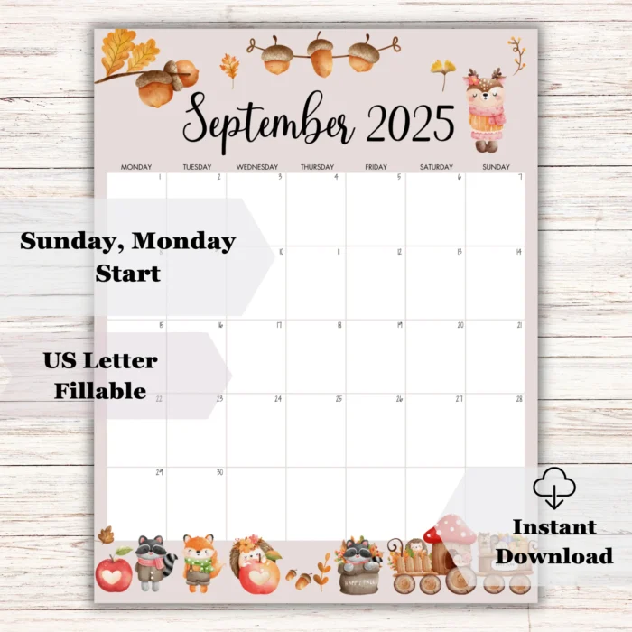 Editable September 2025 calendar with woodland theme and Sunday/Monday start options