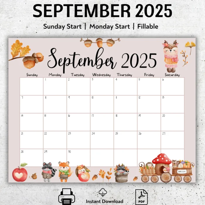 Cute Woodland September 2025 Calendar -themed printable September 2025 calendar with forest animals, fillable PDF format, Sunday andÂ MondayÂ start.