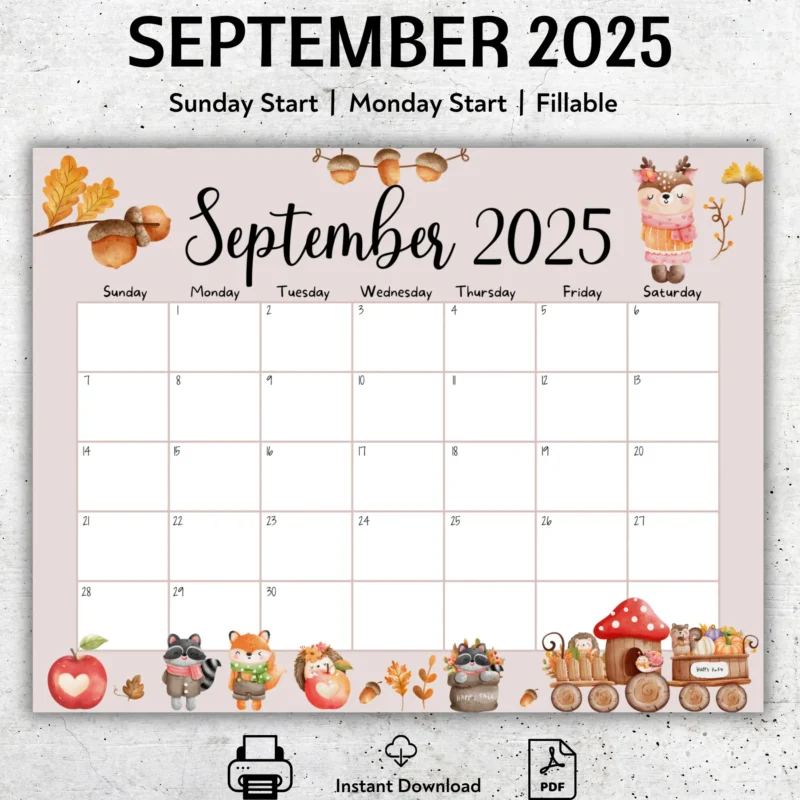 Cute Woodland September 2025 Calendar -themed printable September 2025 calendar with forest animals, fillable PDF format, Sunday andÂ MondayÂ start.