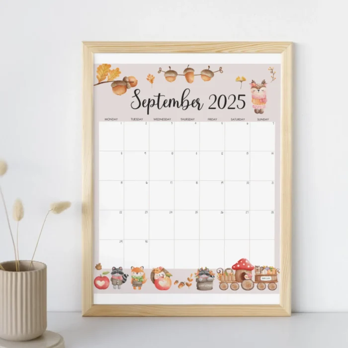 Framed Woodland Animals September calendar on wall with forest animal illustrations