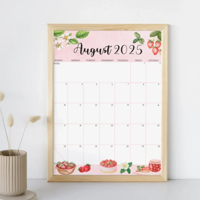 August 2025 printable calendar framed on wall with strawberry design