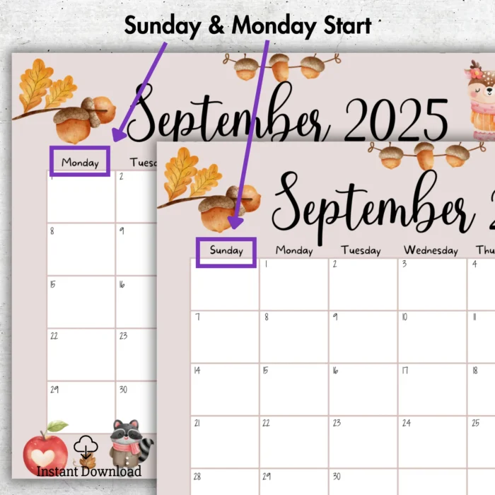 Cute woodland-themed printable September 2025 calendar with forest animals, fillable PDF format, Sunday andÂ MondayÂ start.