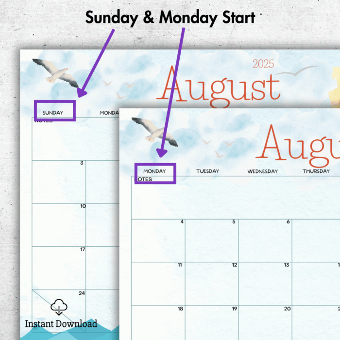 August 2025 Calendar Printable â€“ Watercolor Lighthouse Theme with Sunday and Monday Start Options â€“ Fillable PDF