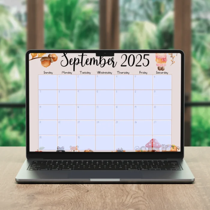 Cute woodland-themed printable September 2025 calendar with forest animals, fillable PDF format, Sunday andÂ MondayÂ start.