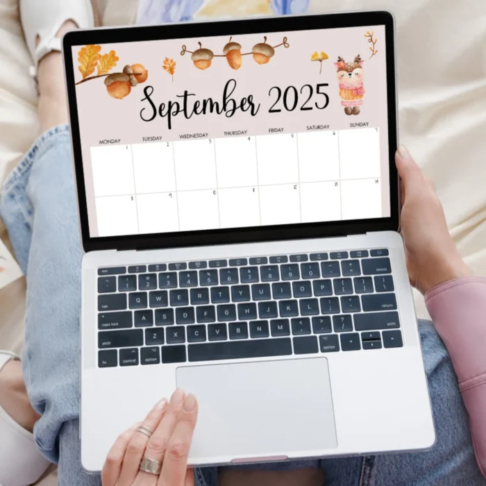 September 2025 woodland calendar displayed on a laptop screen, ready for use