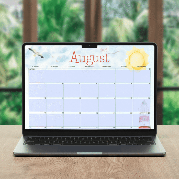 August 2025 Calendar Printable â€“ Watercolor Lighthouse Theme with Sunday and Monday Start Options â€“ Fillable PDF