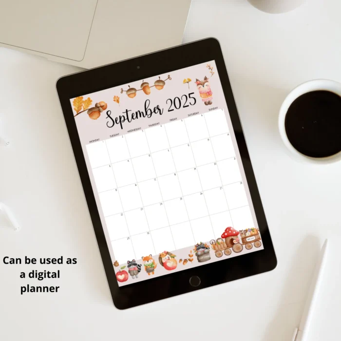 Forest-themed fillable September 2025 calendar shown on a tablet, ideal for digitalÂ planning