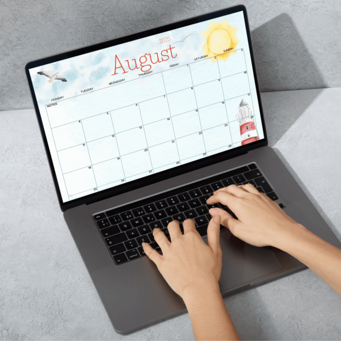 August 2025 Calendar Printable â€“ Watercolor Lighthouse Theme with Sunday and Monday Start Options â€“ Fillable PDF
