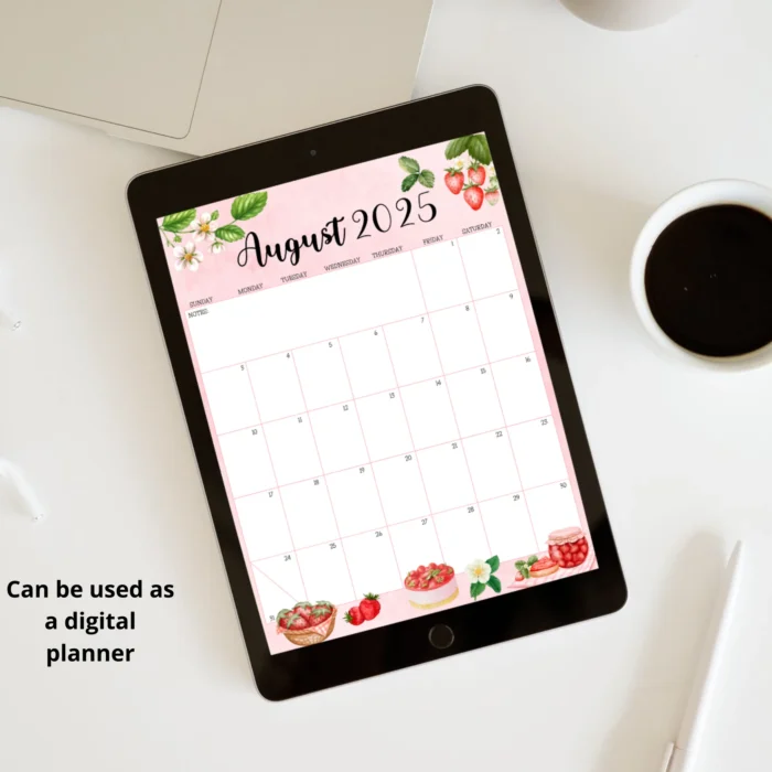 August 2025 calendar being used on tablet as digital planner