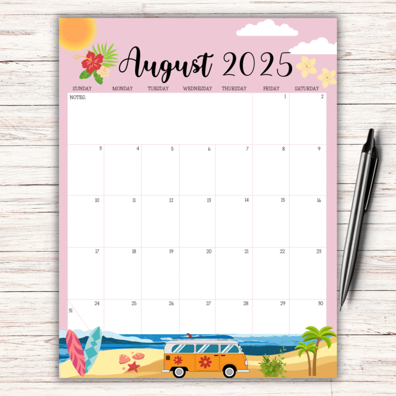 Beach Trip August 2025 Calendar monthly calendar in wooden frame with tropical beach design