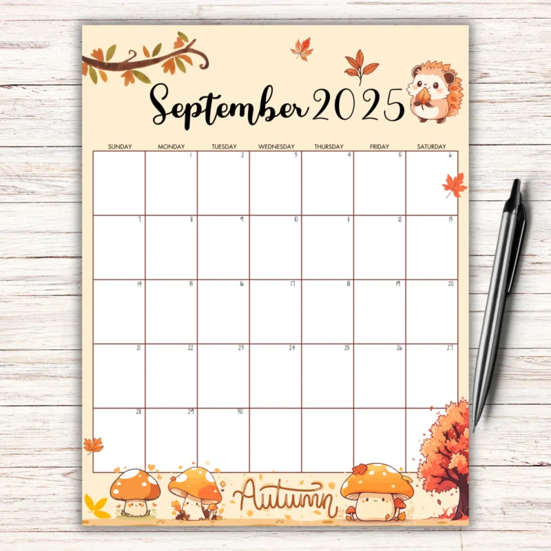 Autumn Theme September 2025 Calendar with hedgehog, mushrooms, and leaves on a wooden background