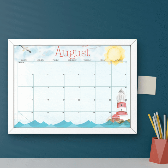 August 2025 Calendar Printable â€“ Watercolor Lighthouse Theme with Sunday and Monday Start Options â€“ Fillable PDF