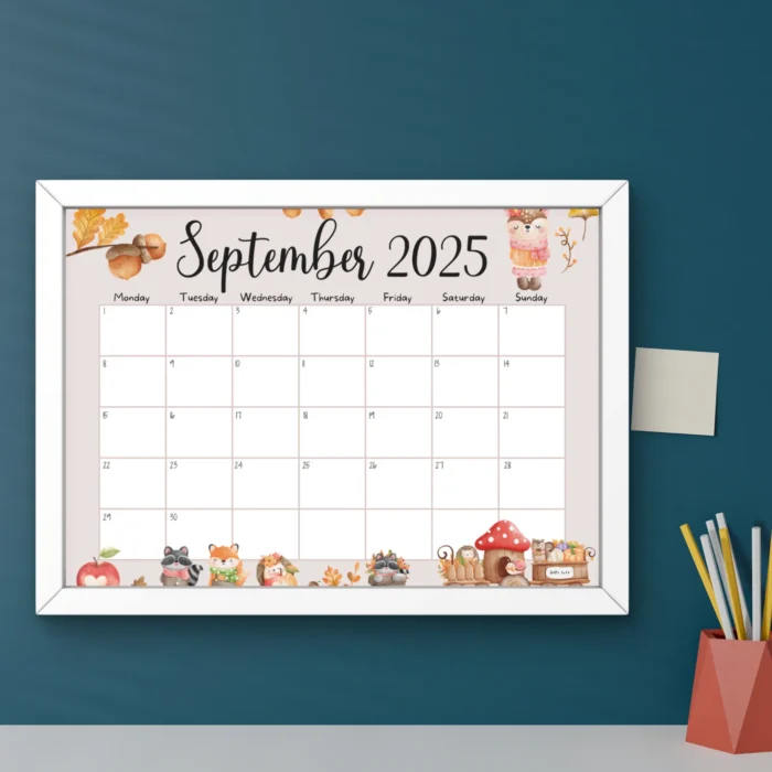Cute woodland-themed printable September 2025 calendar with forest animals, fillable PDF format, Sunday andÂ MondayÂ start.